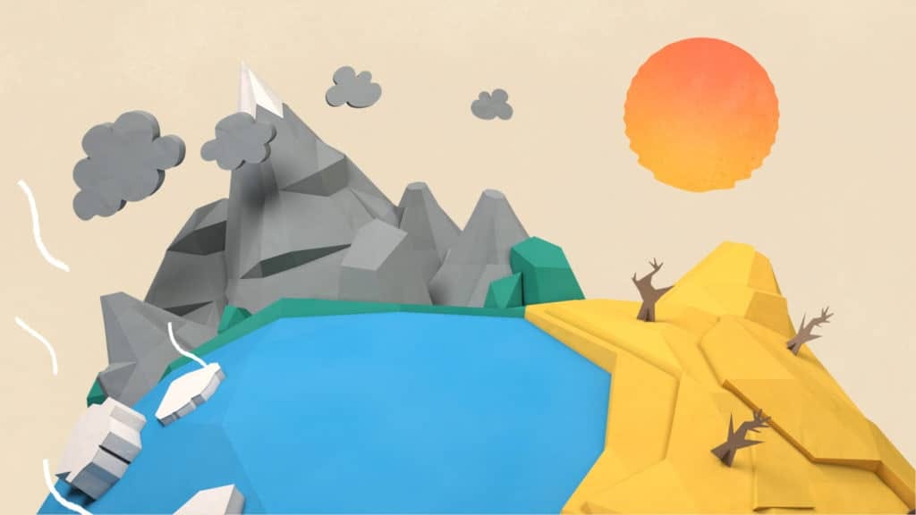 Paysage 3D en papier découpé coupé en deux : montagne verdoyante d’un côté, terre aride de l’autre, film Fuel For Planet