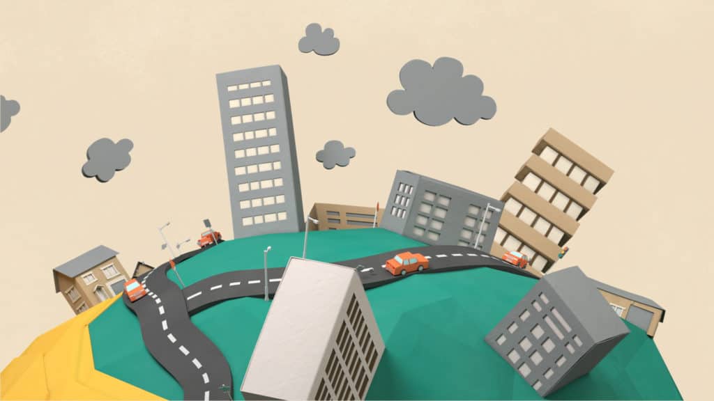 Ville 3D en papier découpé posée sur une planète, film Fuel For Planet