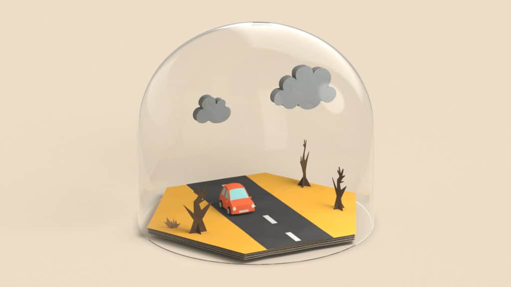 Voiture sous une cloche de verre dans un paysage d’arbres morts, illustration 3D du CO2, film Fuel For Planet