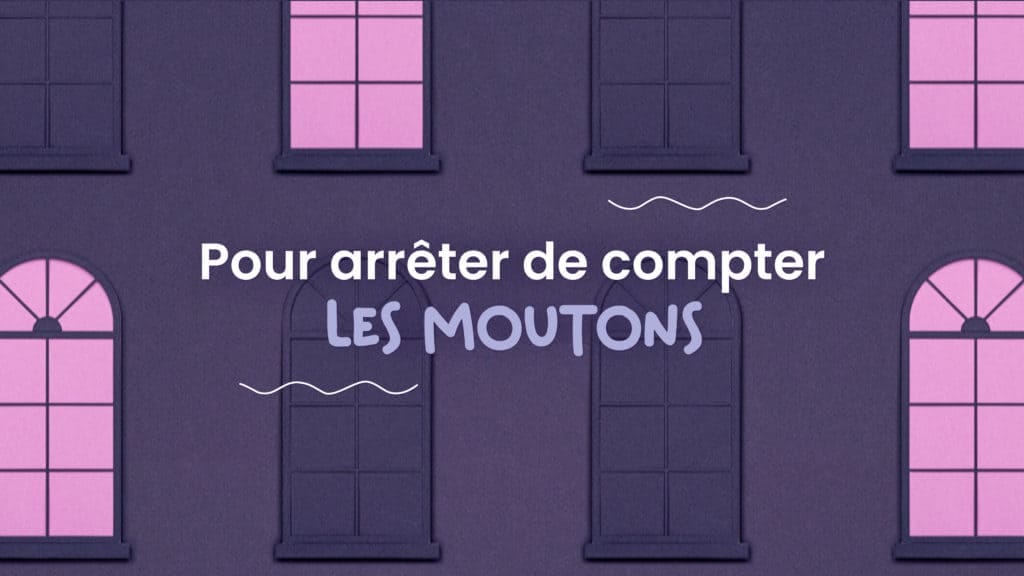 Façade de nuit en papier aux fenêtres roses, texte « Pour arrêter de compter les moutons », spot Mélatonuit