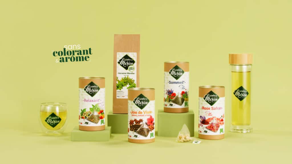 Gamme de thés et d’infusions Les Jardins de Marion sur fond vert, mention sans colorant ni arôme
