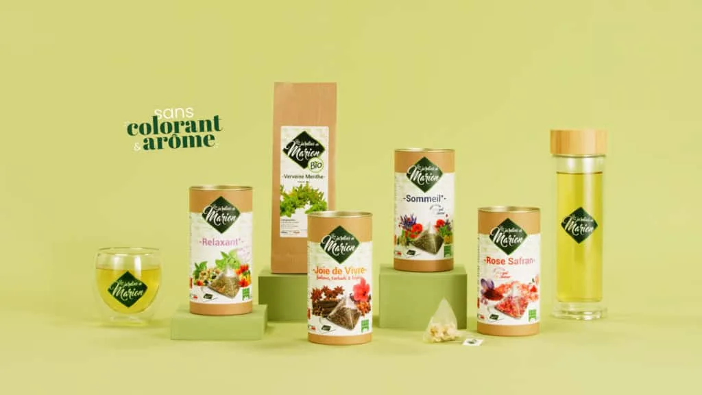 Gamme de thés et d’infusions Les Jardins de Marion sur fond vert, mention sans colorant ni arôme