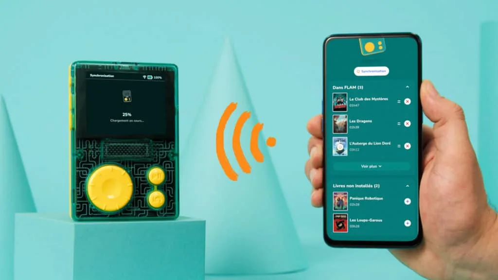 Synchronisation du baladeur FLAM avec l’application mobile Lunii, plan produit en motion design