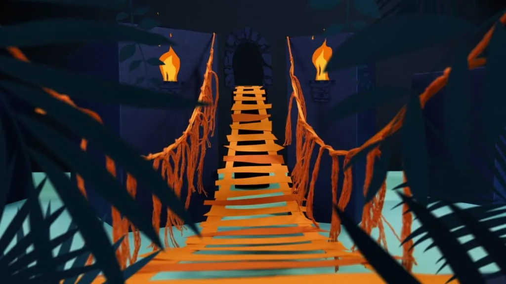 Pont de corde en papier découpé dans une jungle stylisée, décor paper art du film Lunii FLAM