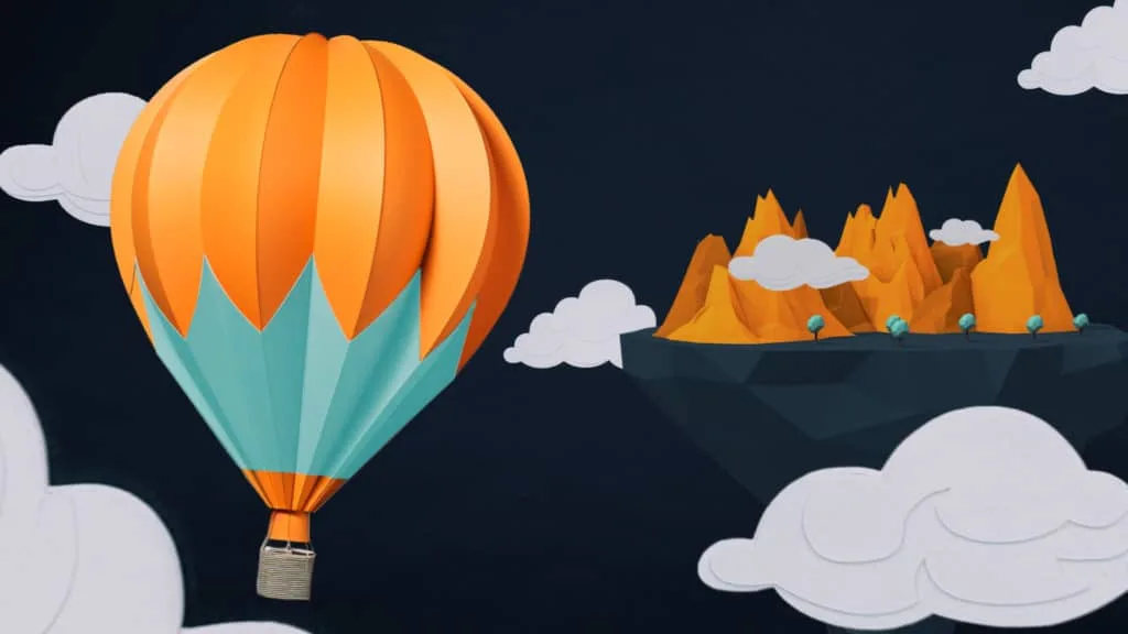 Montgolfière et île flottante en papier découpé, univers d’histoire animé pour le film Lunii FLAM