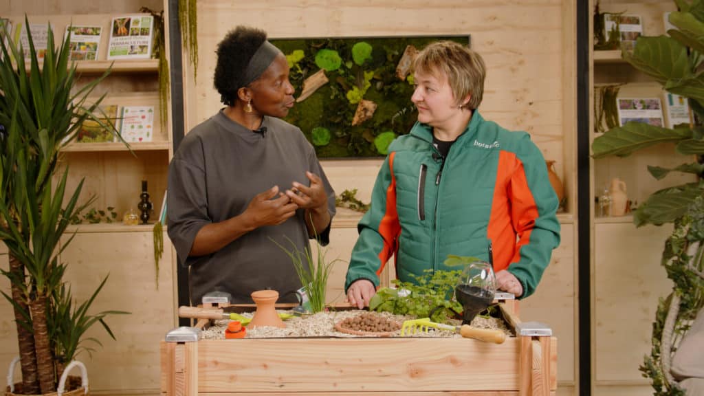 Valéry Tsimba et l’experte jardin botanic® autour d’un carré potager, websérie tuto