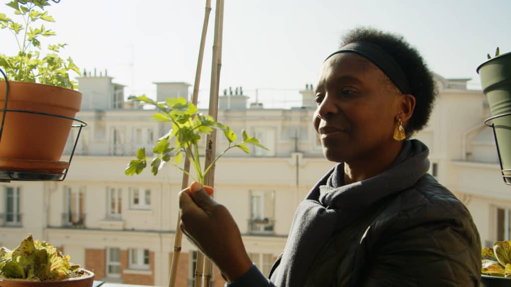 Valéry Tsimba observant un plant de tomate sur son balcon, websérie botanic®