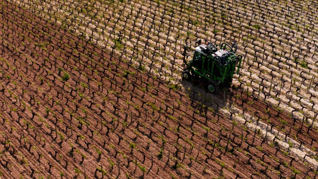 Prise de vue aérienne au drone : machine à vendanger entre les rangs du vignoble de Grand-Puy Ducasse