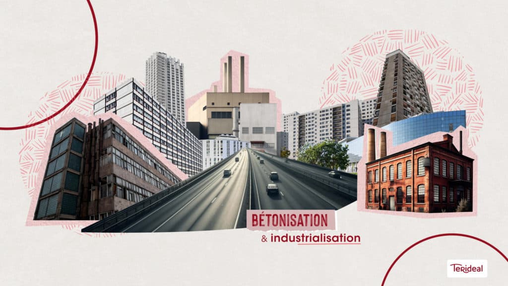Collage d’immeubles et d’une voie rapide, texte « Bétonisation et industrialisation », film Terideal