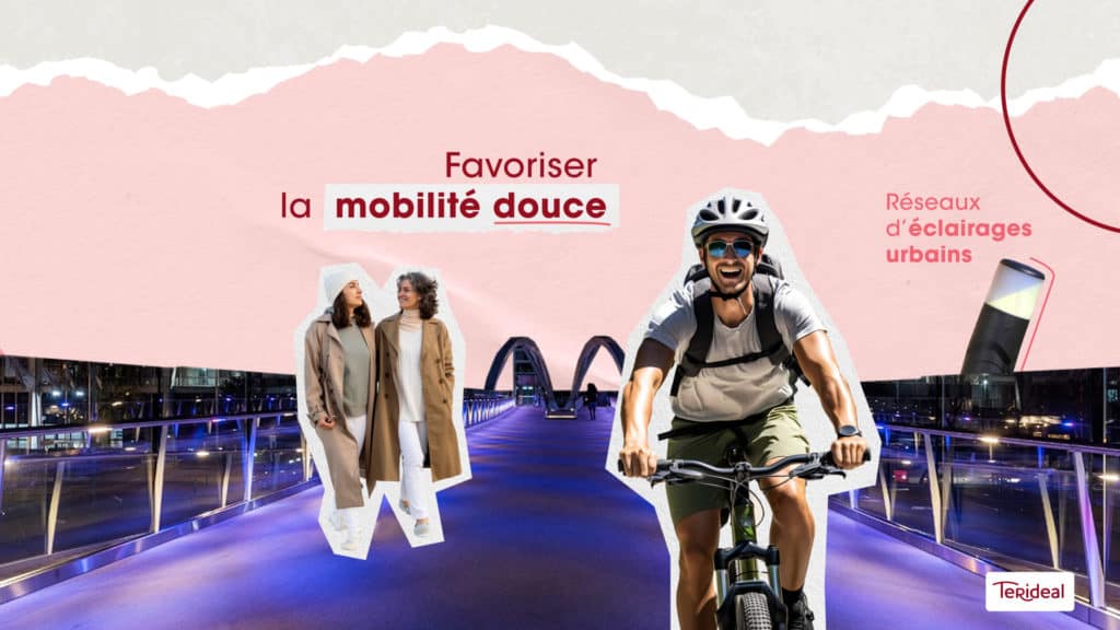 Cyclistes et passants sur une passerelle, texte « Favoriser la mobilité douce », film Terideal
