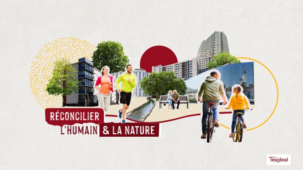 Collage de promeneurs et de cyclistes, texte « Réconcilier l’humain et la nature », film Terideal