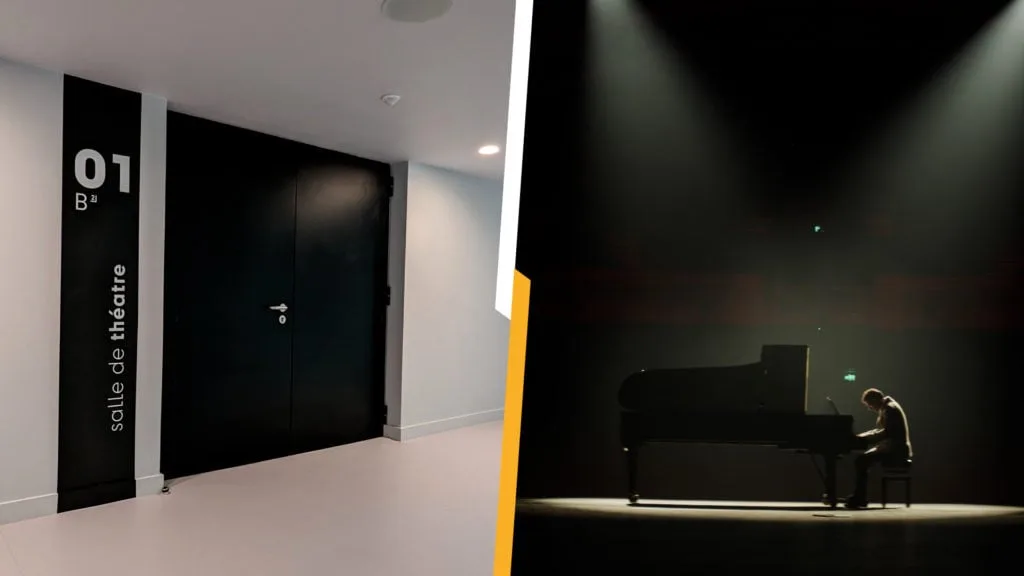 Porte de salle de théâtre et piano sur scène, portes Doortal pour les lieux publics