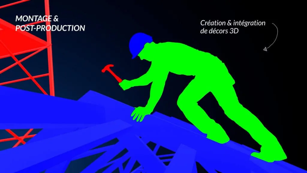 Coulisses : silhouette filmée sur fond vert intégrée aux décors 3D du chantier, campagne FFB