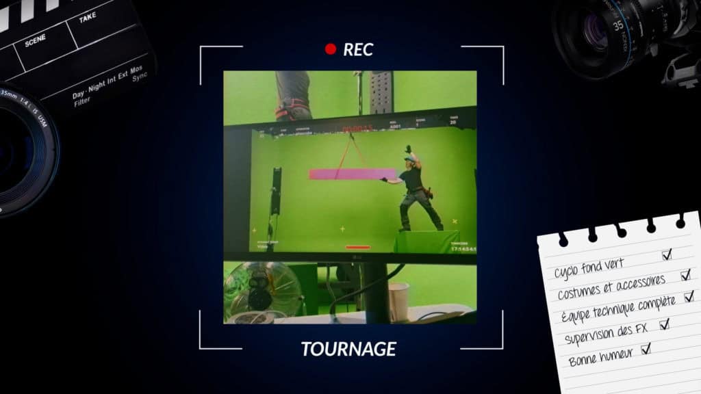 Coulisses du tournage sur fond vert : retour caméra, clap et checklist de plateau, campagne FFB