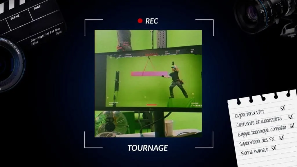 Coulisses du tournage sur fond vert : retour caméra, clap et checklist de plateau, campagne FFB