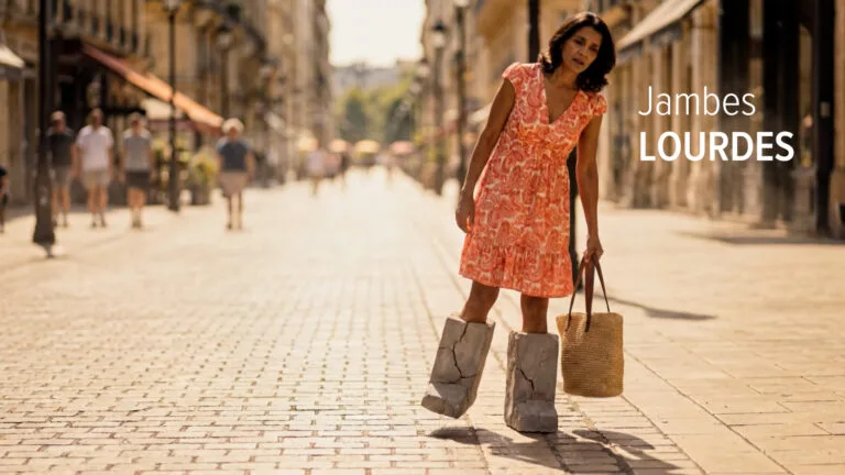 Jambes lourdes illustrées en blocs de béton fissurés, spot TV Epitact