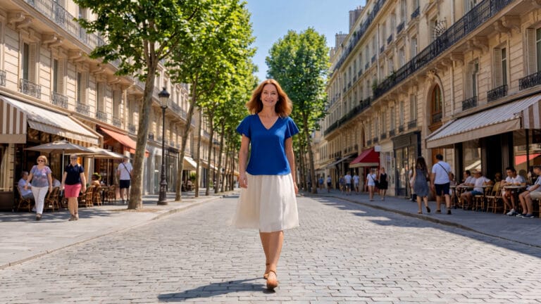 L'égérie Epitact en haut bleu marche d'un pas léger dans une rue ensoleillée
