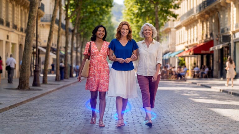 Trois femmes marchent avec un halo bleu aux chevilles, semelles invisibles Epitact