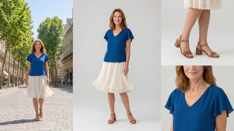 Casting digital de l'égérie Epitact : silhouette, sandales et haut bleu en studio