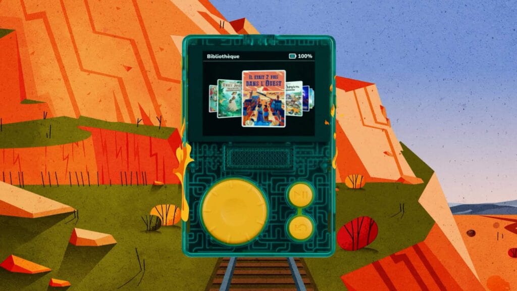 Le baladeur FLAM posé sur une voie ferrée dans un décor de canyon animé, teaser Lunii