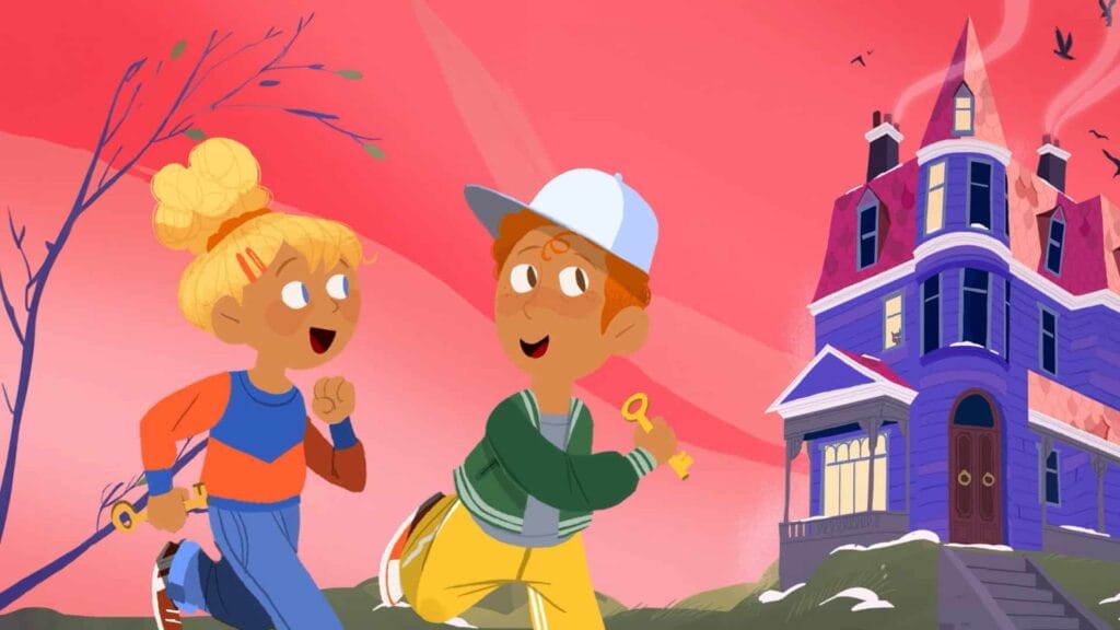 Deux enfants illustrés courant vers une maison violette, teaser Lunii L’Hôtel Fantastique