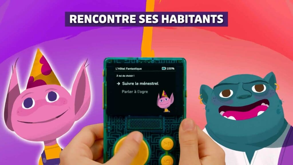 Deux personnages de L’Hôtel Fantastique encadrent le baladeur FLAM, teaser Lunii