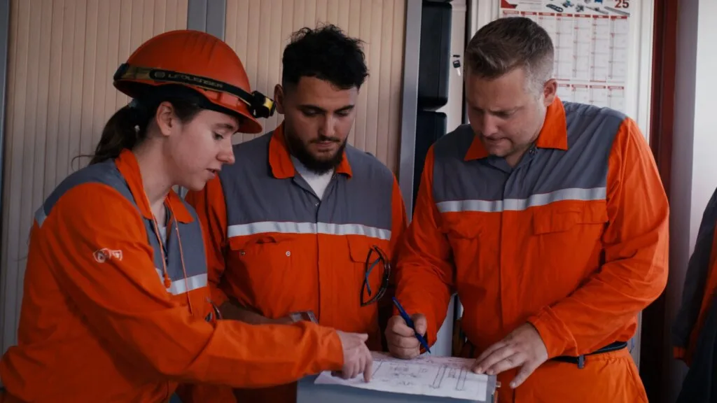Trois techniciens de maintenance penchés sur un plan d’intervention, EcoTitanium d’Aubert & Duval