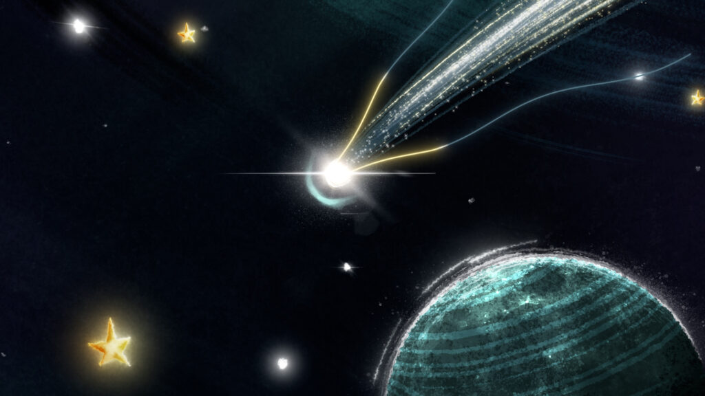 Comète traversant un ciel étoilé près d’une planète, film d’animation du Musée du Petit Prince
