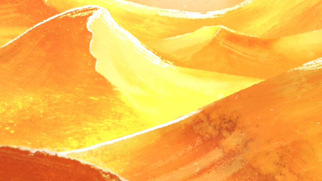 Crêtes de dunes orange et jaunes en gros plan, film d’animation du Musée du Petit Prince