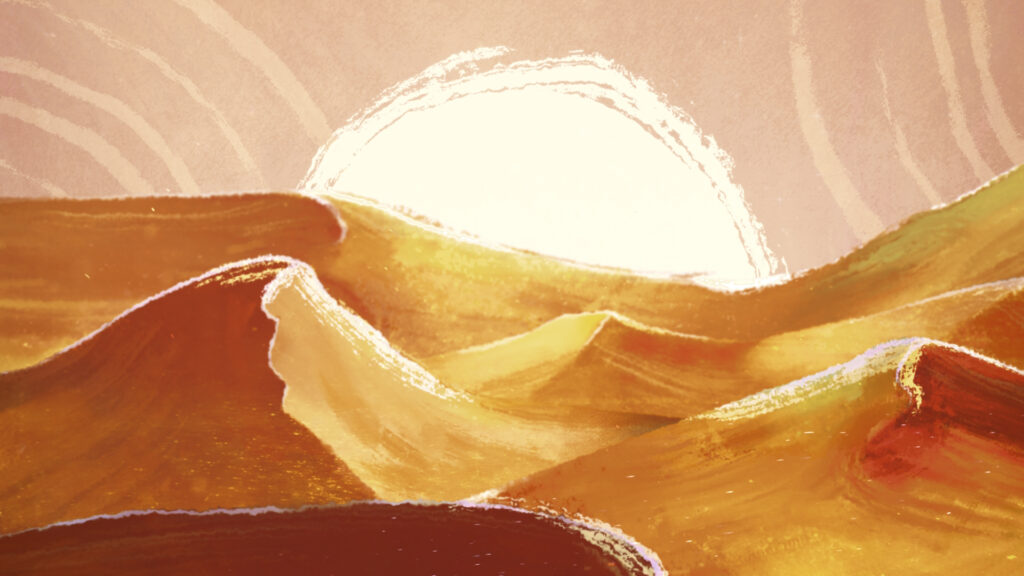 Dunes du désert sous un soleil blanc aux contours peints, film du Musée du Petit Prince