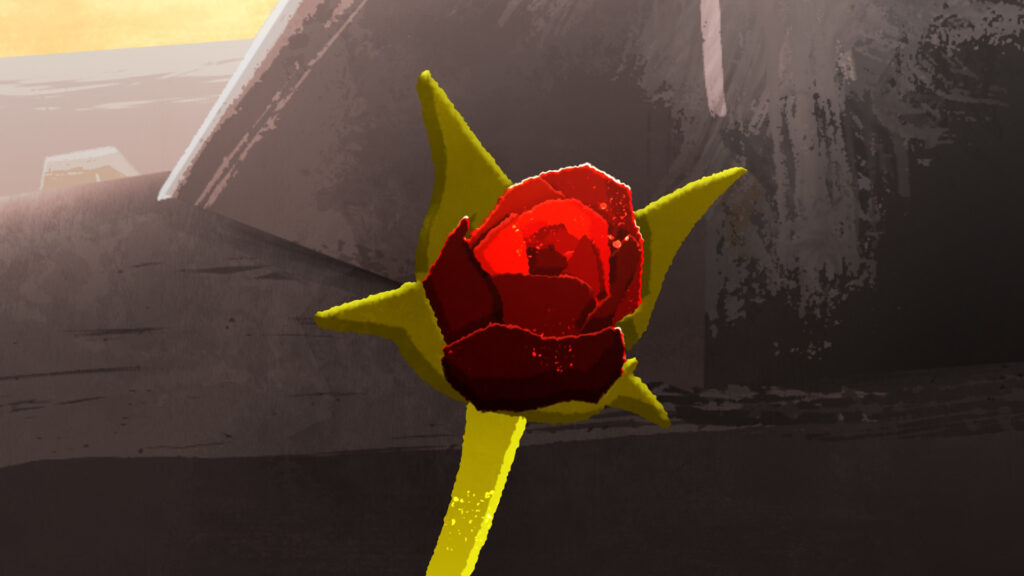 Bouton de rose rouge qui s’ouvre entre les rochers, film d’animation du Musée du Petit Prince