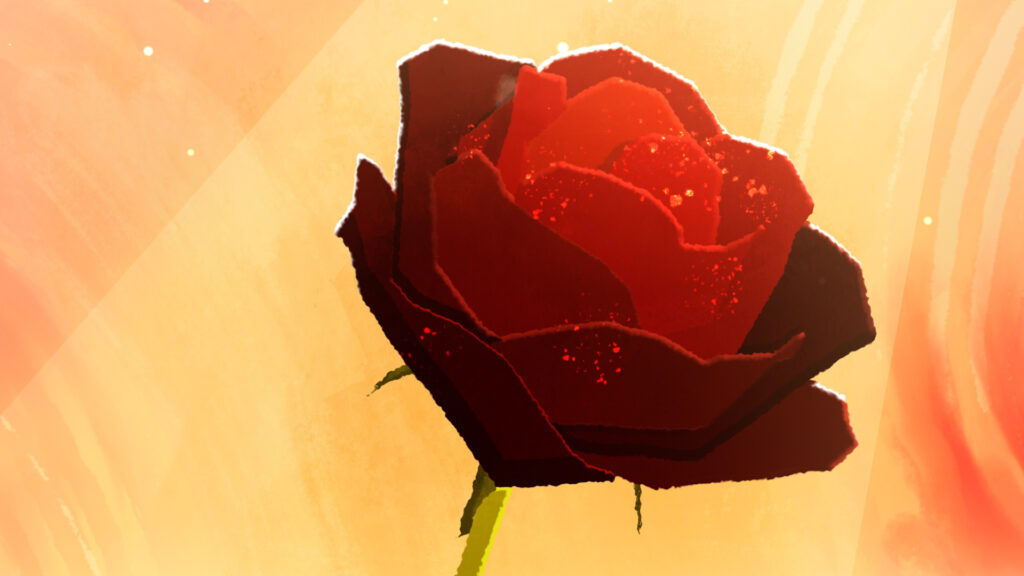 Rose rouge éclose aux pétales texturés et particules de lumière, film du Musée du Petit Prince